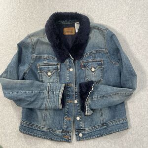 Levi's Trucker Jacket Navy Faux Fur Collar  Quilted Lining womens XL y2k